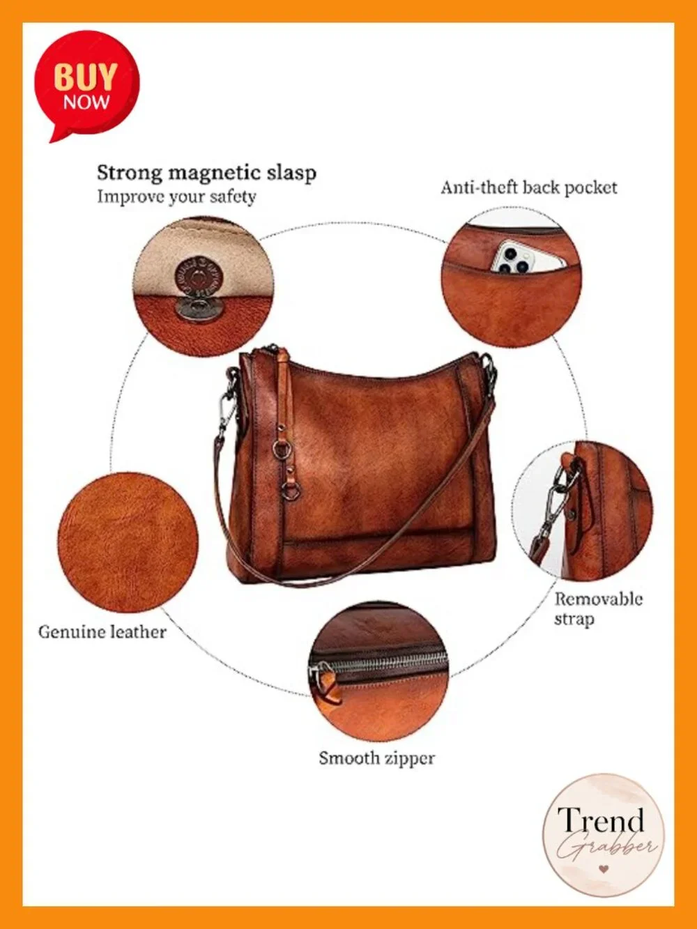 Genuine Leather Crossbody Hobo Purse with Adjustable Straps